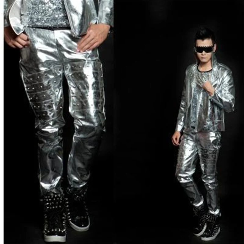 European American silver rivet pants Bar singers stage trousers man costumes faux leather pants the mens pants casual fashion