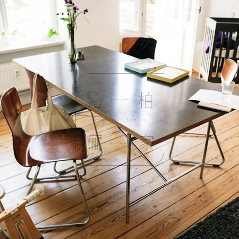 Stainless Steel Leg Rectangular Solid Wood Conference Table Office Desk Writing Living Room Mesa Furniture KMOD