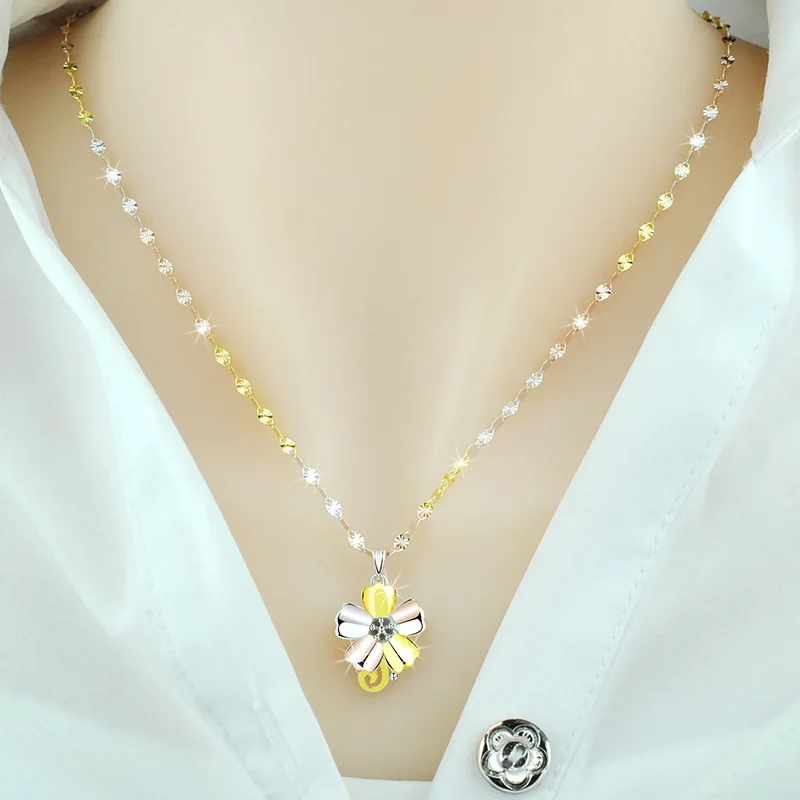 

S925 Colored Gold-Plated Sterling Silver Flower Necklace Women's Graceful and Fashionable Color Silver Pendant 2022 New Internet
