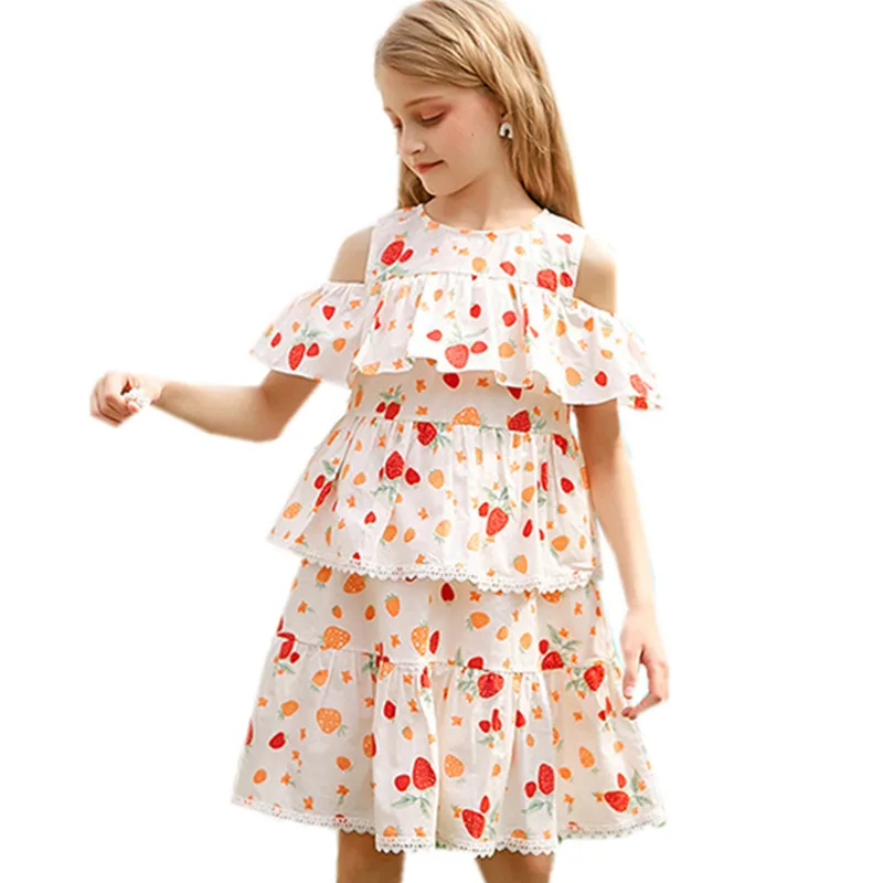 

kids girls summer fruit print ruffle layered flare dress child girl fashion sleeveless vest cotton casual cut-out shoulder dress