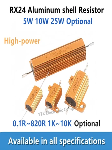 2 шт., RX24, 5 Вт, 10 Вт, 25 Вт, золотистая лампа, 0.1R 0.22R 0.33R 0.5R 0.68R 0.7R 1R 1.5R 2R 3.3R 8R 10R 12 15 47 60 75R 100 120R 200R 220 470 500R 680R 750 800R ohm 1K 10K мощность Ом