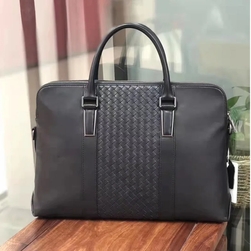 OYIXINGER High Grade Men's Briefcase For Men Handbag Soft Cow Leather Woven Business Office 15.6 Laptop Bag New Luxury Handbags