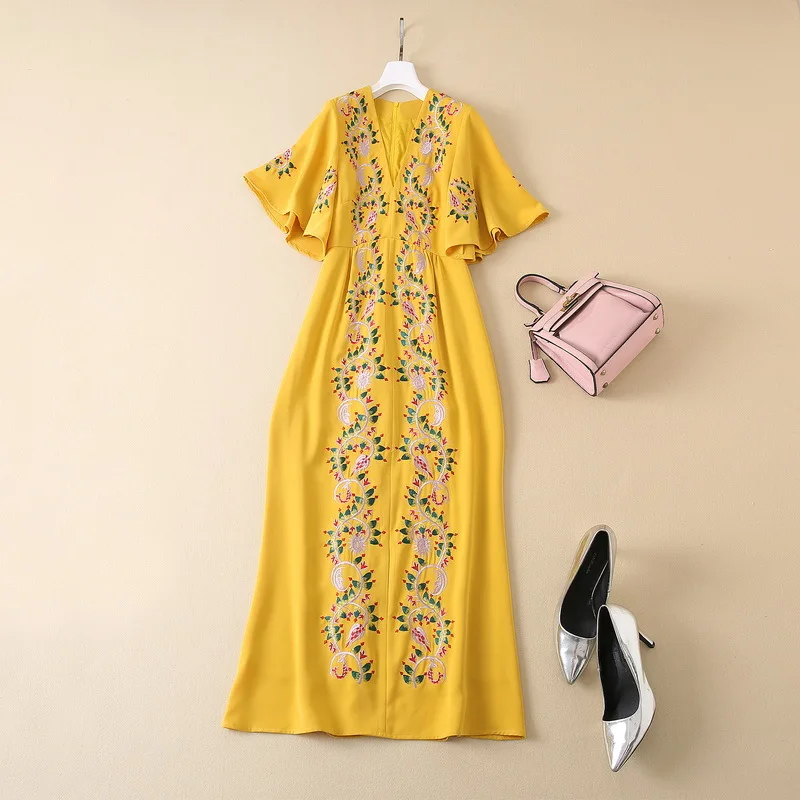 New European and American women's wear for winter 2022  Lotus leaf sleeve heavy embroidered V neck  Fashionable yellow Dress