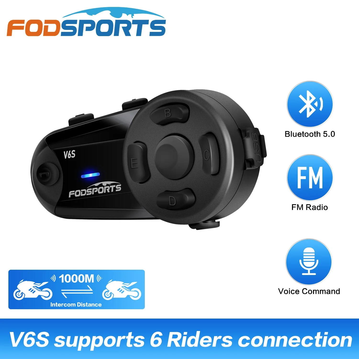 

Fodsports V6S Мотоциклетный шлем Интерком Шлем Bluetooth Гарнитура 6 Riders 1000м Водонепроницаемый Интерфон, FM-радио, обмен музыкой.