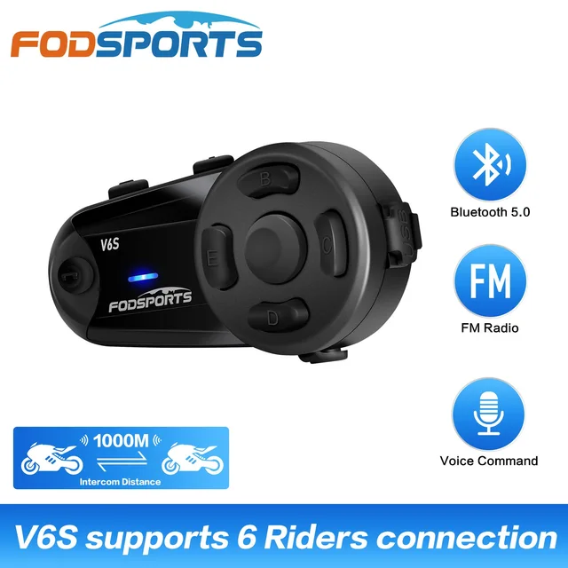 Fodsports v6s motorcycle intercom helmet headset 6 riders 1000m waterproof bt interphone bluetooth 5.0 fm radio,type-c