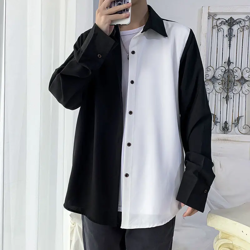 

Men Shirts Long-sleeved Black White Stitching Shirt Korean Fashion Trend Japanese Outer Wear Baggy Streetwear Male Top Blouses