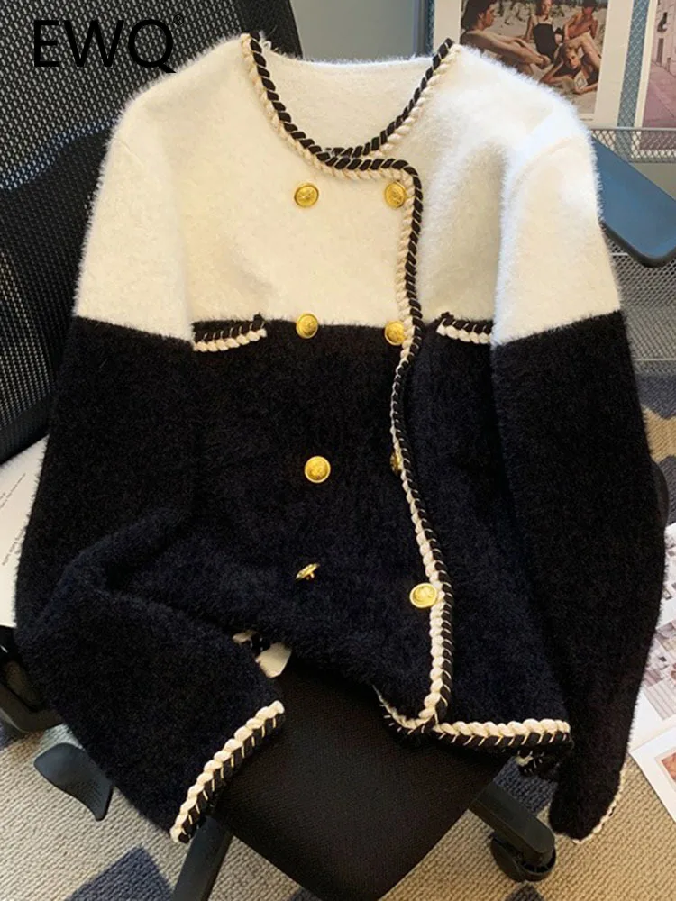 

EWQ милый стиль корейский шикарный женский кардиган свитер контрастных цветов двубортный вязаный свитер осень-зима 2023 Новинка SN4032