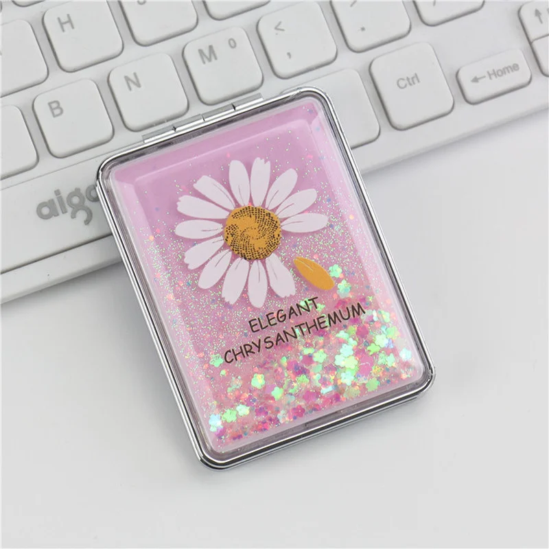 Двустороннее зеркало для макияжа L104 портативное косметическое с блестками и