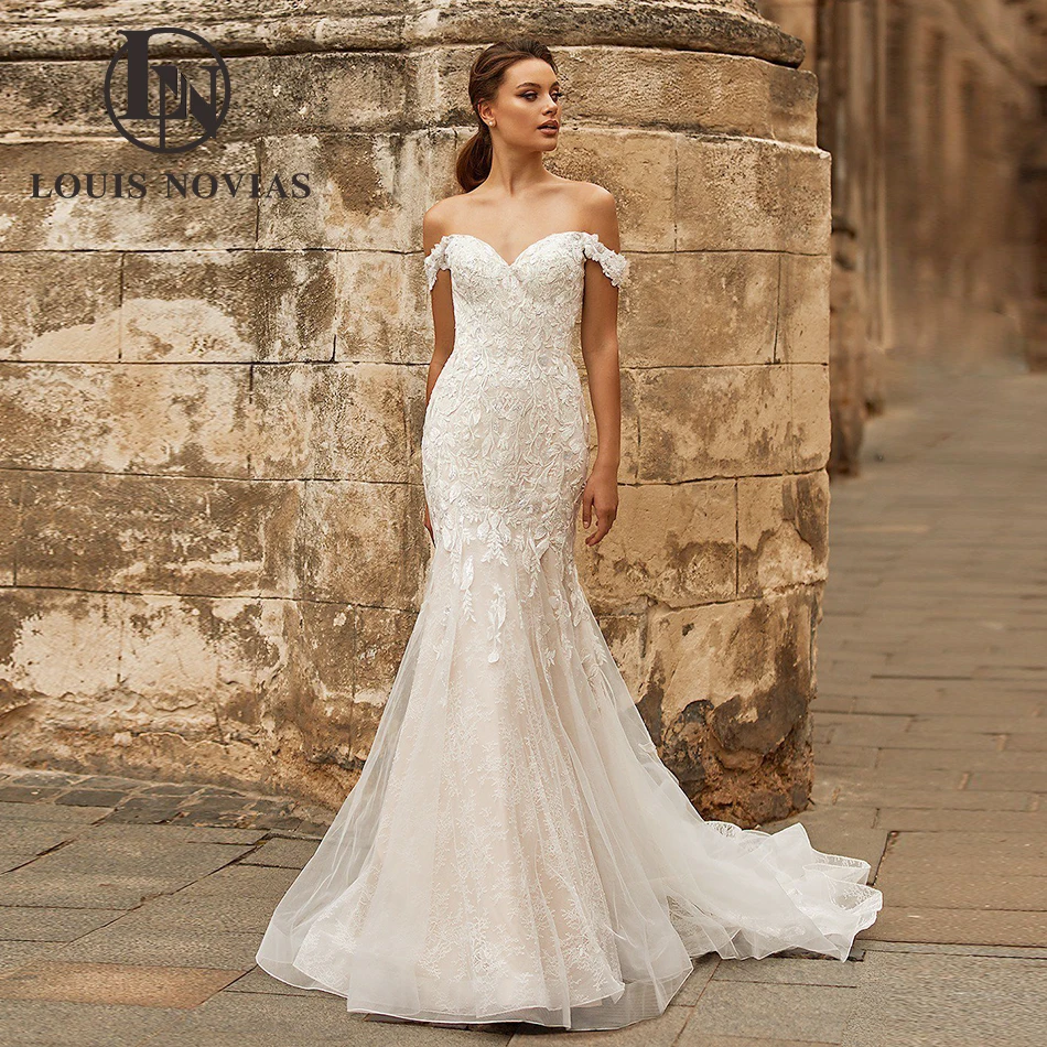 

Женское свадебное платье с юбкой-годе LOUIS NOVIAS, белое кружевное платье со шлейфом, пуговицами и аппликацией, 2023