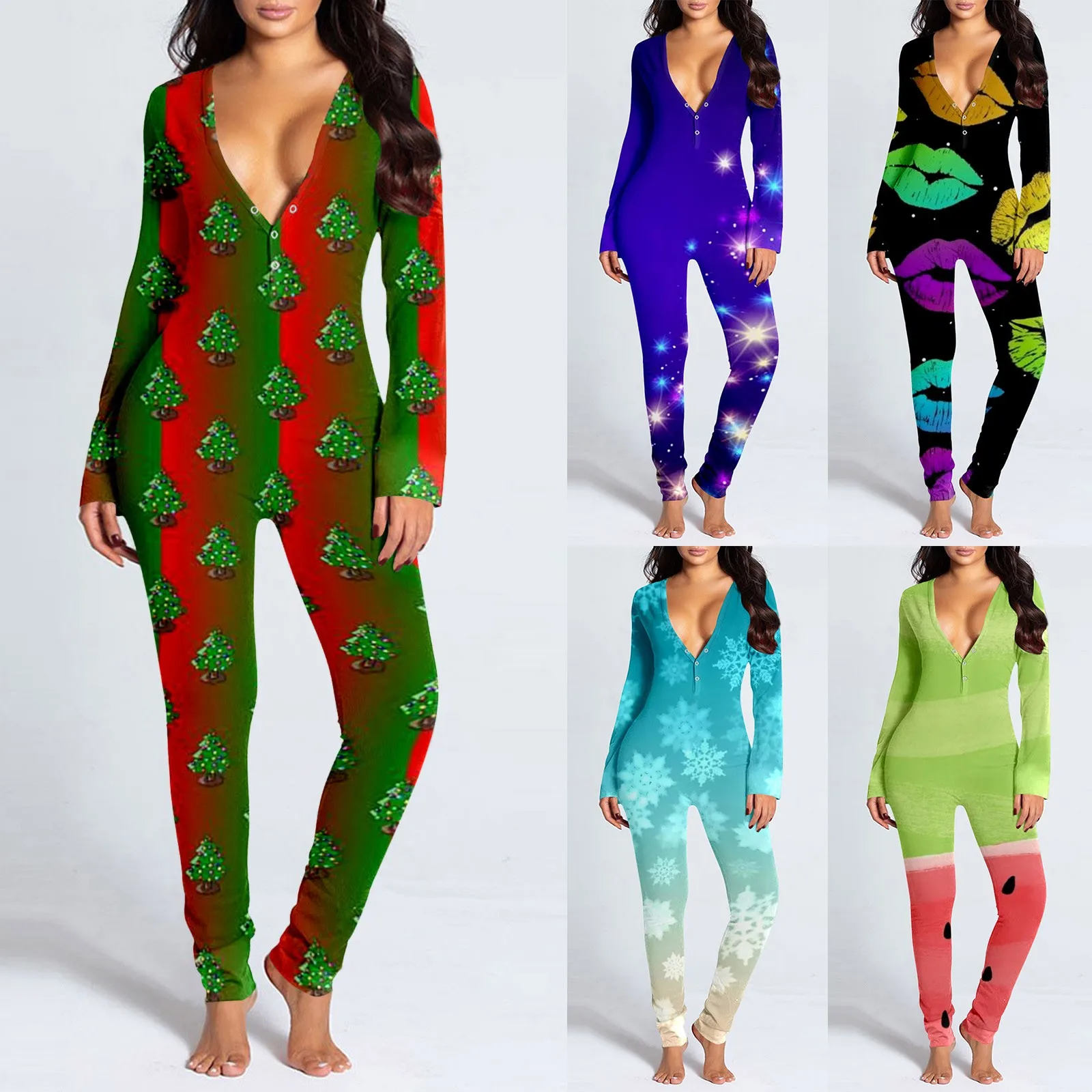 

Women'S Christmas Print V-Neck Jumpsuit Onesies Button-Down Front Back Butt Bum Flap Jumpsuits Navidad Loungewear Sexy Pajamas