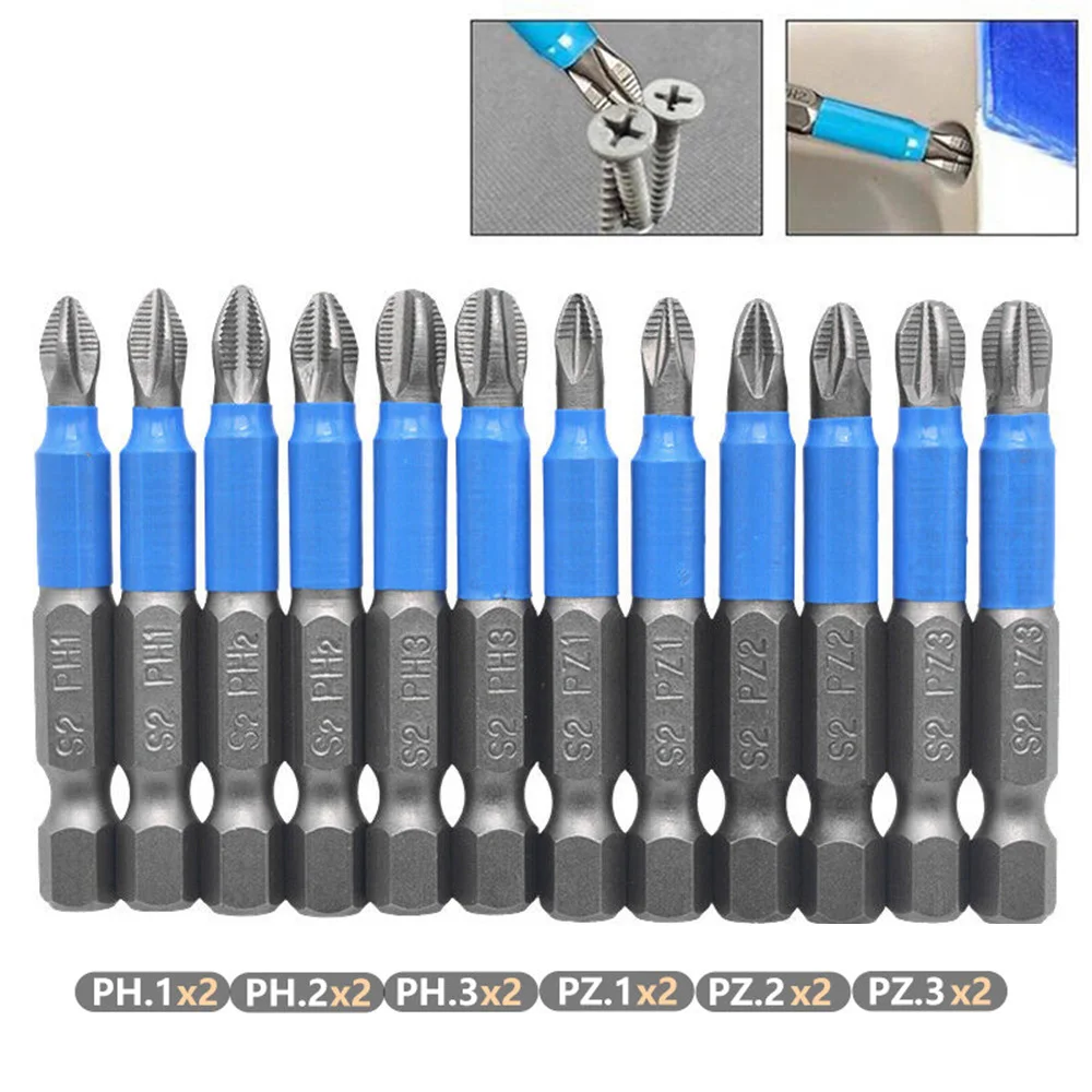 

12Pcs Magnetic Impact Batch Head Cross High Hardness Non-Slip Screwdriver Set Drill Bits 50mm PH1/PH2/PH3/PZ1/PZ2/PZ3 Hand Tools