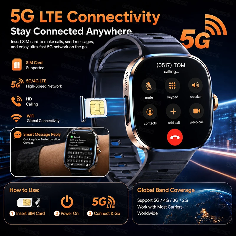 Фото Умные часы с поддержкой всех сетей 5G/4G, 8 ГБ+128 ГБ памяти, HD-камера 1000 МП, GPS, Wi-Fi, Bluetooth, звонки, загрузка более 100 приложений, мужские умные часы 2026. №4