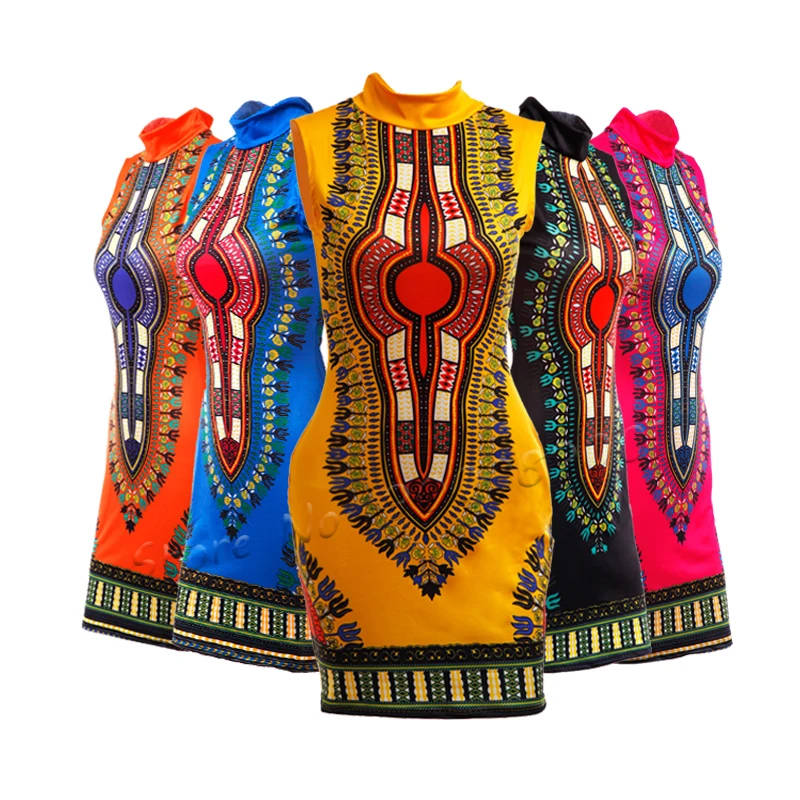 

African Dresses for Women Sleeveless Sexy Tight-fitting Fashion High Stretch Printing Slim Fit Hip Bazin Dashiki Clothing