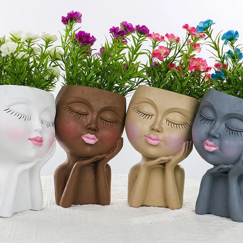 8 Colors Face Head Planter Succulent Plant Flower Pot Resin Container With Drain Holes Flowerpot Figure Garden Decor Tabletop