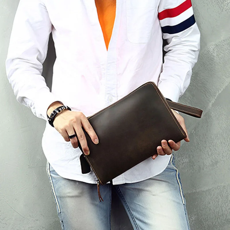 Handmade genuine leather crazy horse leather retro envelope bag men's clutch bag simple casual shoulder diagonal bag