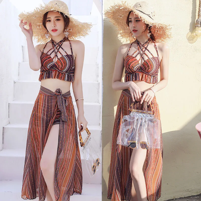 

3PCS Bikini Set Women Vintage Colorful Striped Split Swimsuit Summer Beach Top+Pant+Smock Skirt Female Bathing Suit Sportswear