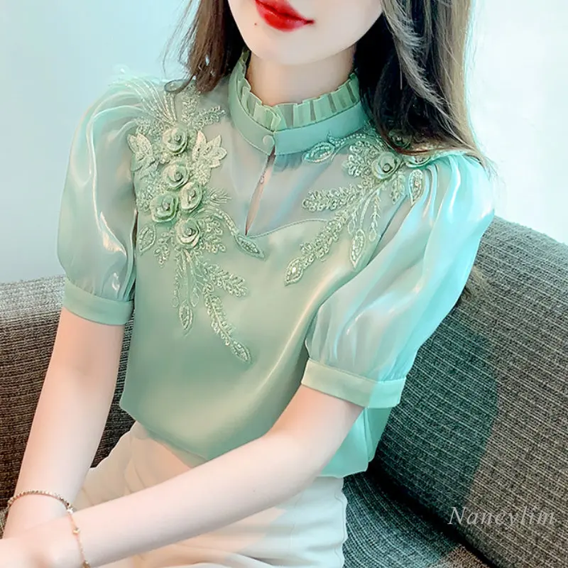 

Summer Three-dimensional Flower Satin Shirts Womens Short Puff Sleeve Blouse 2023 New Design Chic Top Elegant Lady Blusas