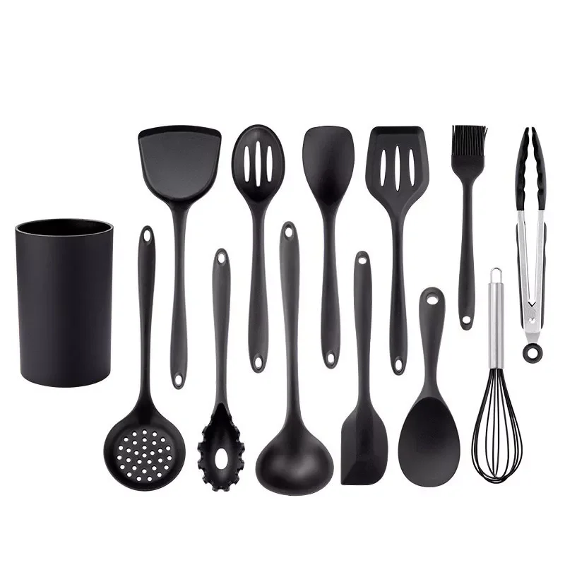 

Black Silicone Cooking Utensils Set Non-Stick Pan Baking Tools Kitchenware Slotted Turner Spatula Spoon Food Tongs Kitchen Kit