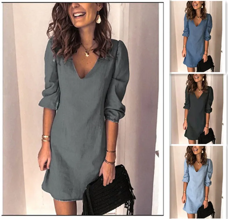 

best-selling dresses deep V-neck sexy solid color ol dress all-match casual