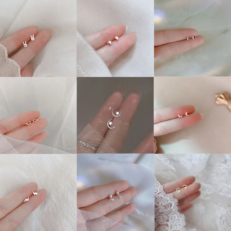 

Tiny Minimalist Silver Plated Stud Earrings for Women Small Love Heart Moon Star Rabbit Ear Piercing Student Teen Simple Jewelry