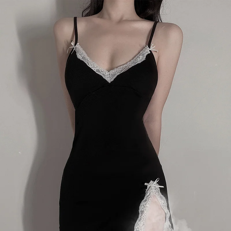 Сексуальная кружевная женская ночная сорочка из чистого хлопка на бретельках