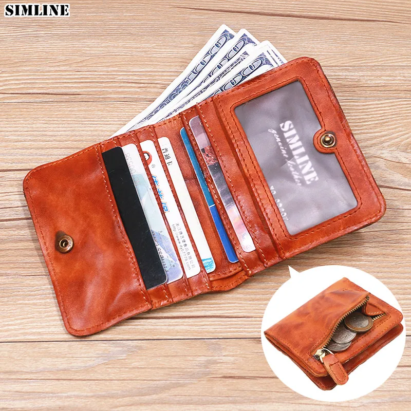

100% Genuine Leather Wallet For Women Men Vintage Cowhide Short Bifold Small Slim Lady Purse Card Holder With Zipper Coin Pocket