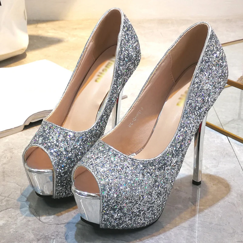 

High Heeled Pumps for Women New Peep Toe Dress Shoes 12 14CM Heel 5.5cm Platform Slip-on Shoes for Ladies