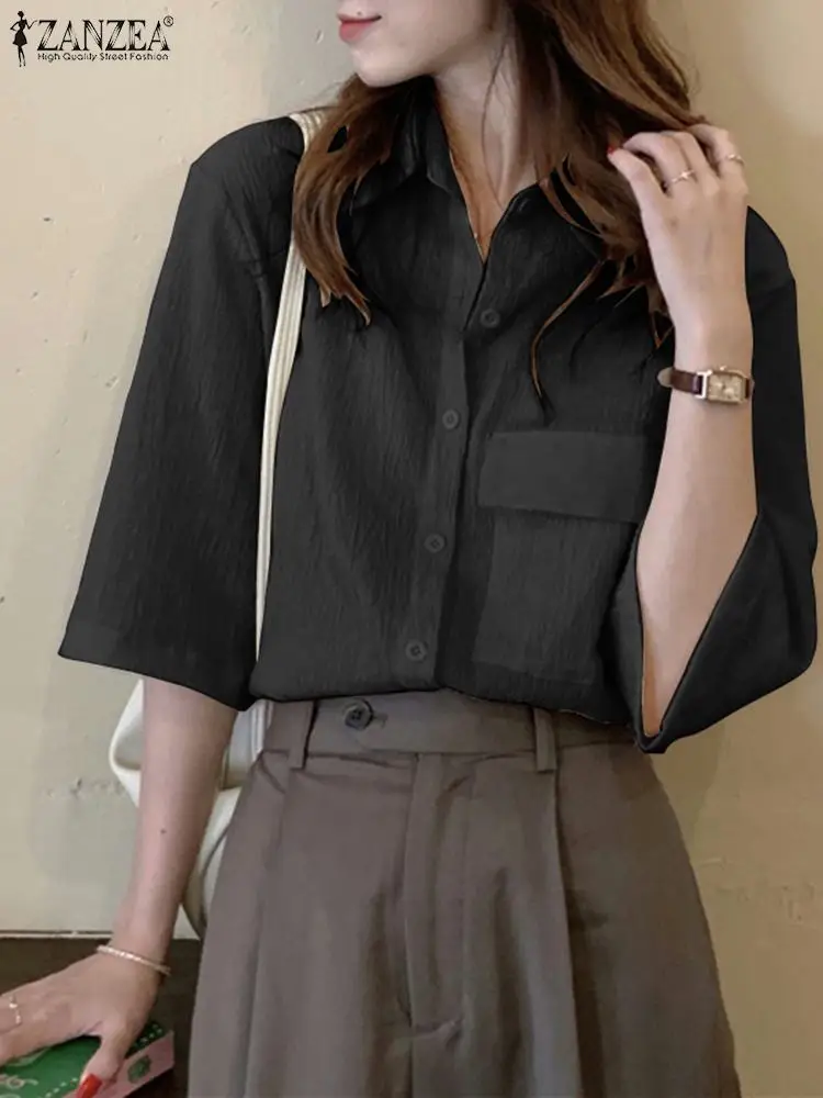 

Модные однотонные рубашки на пуговицах с рукавом 3/4 ZANZEA Женские повседневные свободные рабочие Топы Весенняя элегантная женская блузка тун...