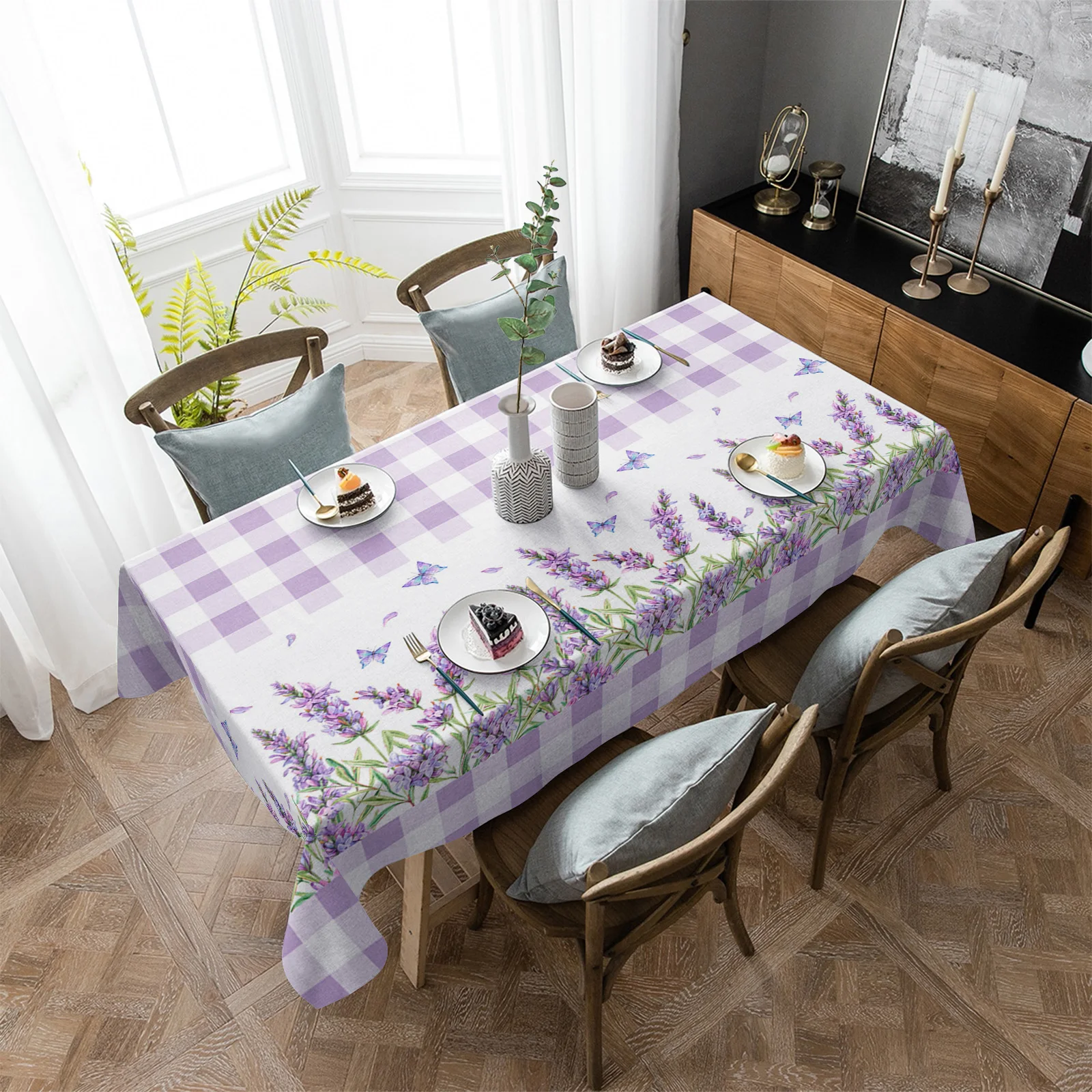 

Водонепроницаемая скатерть для пикника, фиолетовый клетчатый Прямоугольный Коврик с лавандовым цветком, бабочкой, пыленепроницаемое покрытие для кухонного стола