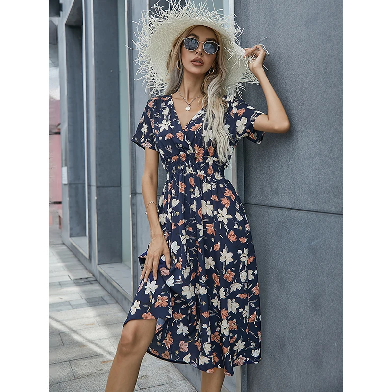 

Maxi Dress for Women Summer 2023 Slim Printed Short Sleeve Dress Beach Irregular Ruffle Hem Slit Chic Dress