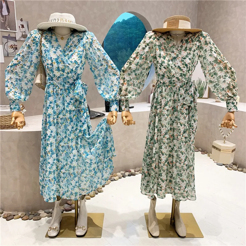 

New Women's Clothing 2022 Spring Retro cross V-neck bubble sleeve Medium Long Floral dress A-line long Dress