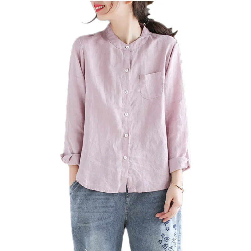 Художественная винтажная хлопково-льняная рубашка с воротником-стойкой и