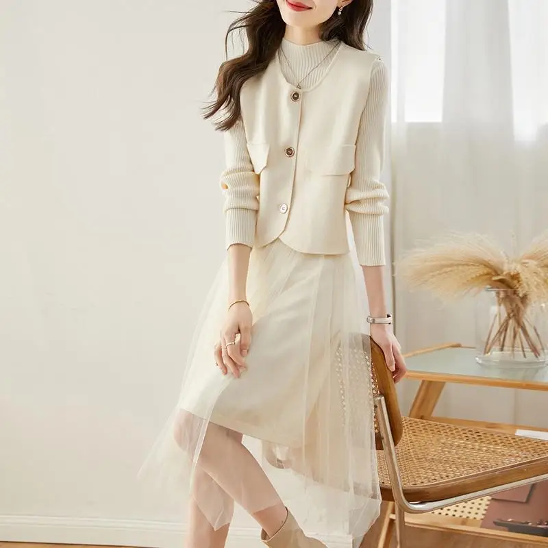 

French Autumn Knitted Two Piece Set Women Single-Breasted Matching Sweater Vest Top+A Line Mesh Patchwork Knitted Drees Suits