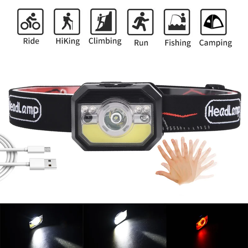 

Super Bright Headlamp Induction Sensor Inductive LED Headlight Rechargeable Built In Battery Head Torch Lamp RED Fishing Light
