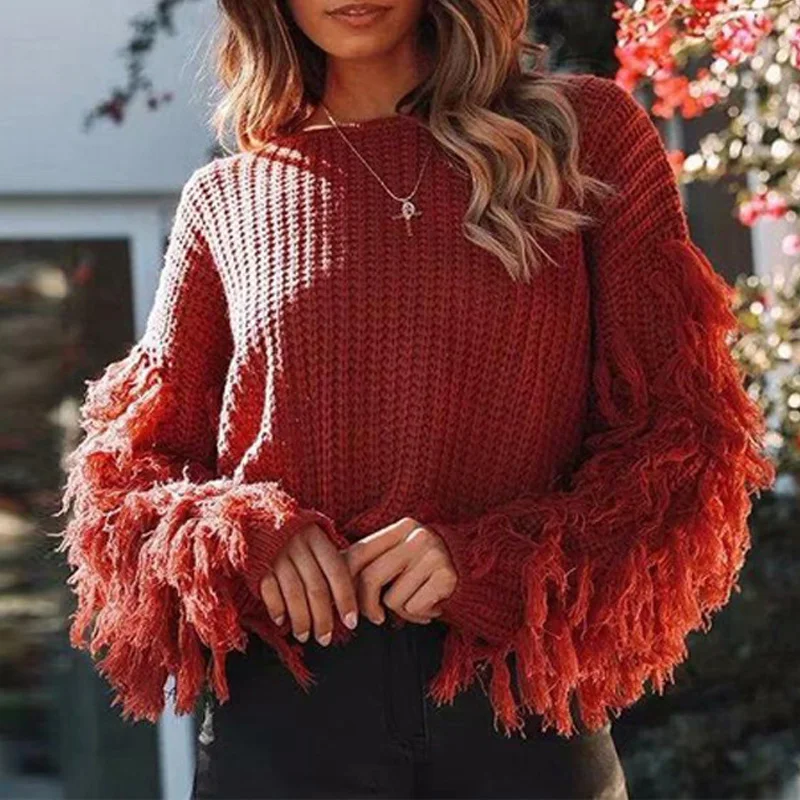 

Fashion Trend Tassel Long Sleeve Knitted Tops Women Autumn Elegant Crew Neck Loose Solid Sweaters Ladies Vintage Knitted Sweater