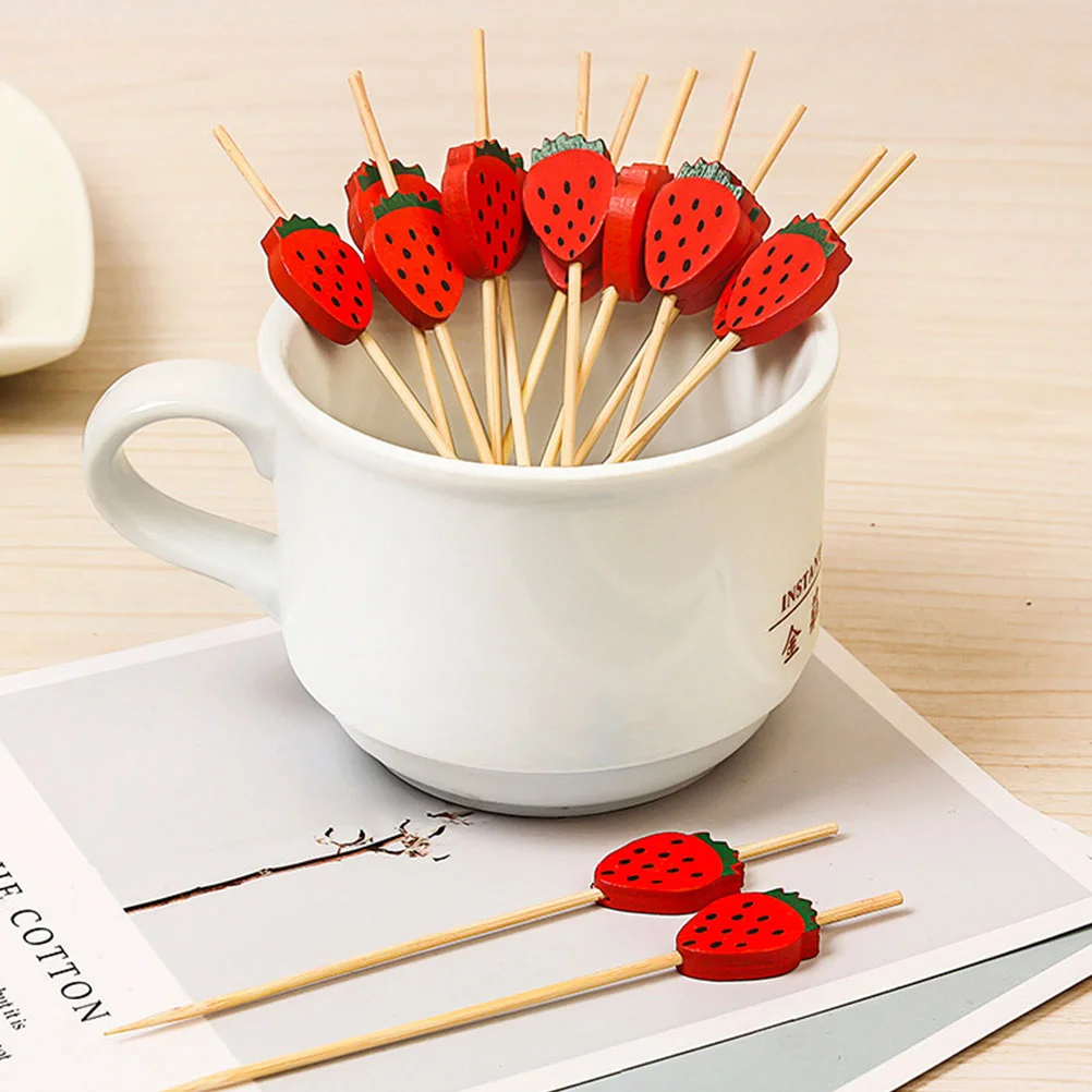 

100 Pcs Wooden Decor Bread Picks Party Fruit Skewers 12x2cm Red Bamboo Cocktail Supplies