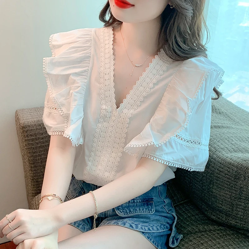 

Fashion V-neck Short Sleeve Women Blouse Summer Idyllic Style Lace White Blouse Shirt Chic Ruffled Woman Tops 2022 New