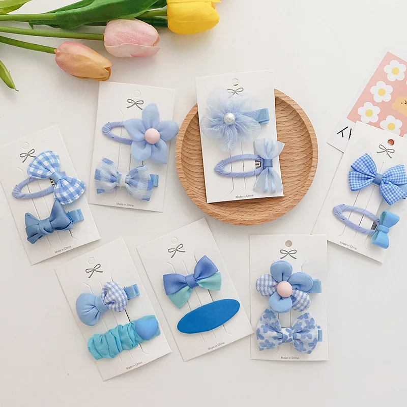 

2 Pcs Korean Sweet Girl Simple Fresh Ocean Blue Fabric Flower Bow Hairpin Hair Accessories Fashion Children's BB Clip Headwear