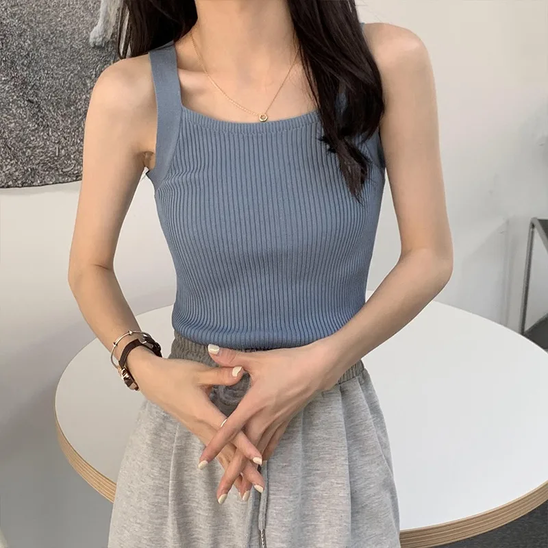 

U Neck Summer Knit Top Sleeveless Women Sexy Basic Vests Off Shoulder Ribbed Tank Top Casual Summer Tops for Women F14