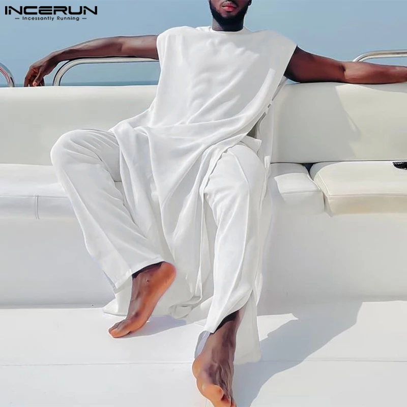 

INCERUN 2023 Muslim Style Men's Sets Sleeveless Robe Long Pants Fashion Casual High Split Solid Color Simple Suit 2 Pieces S-5XL