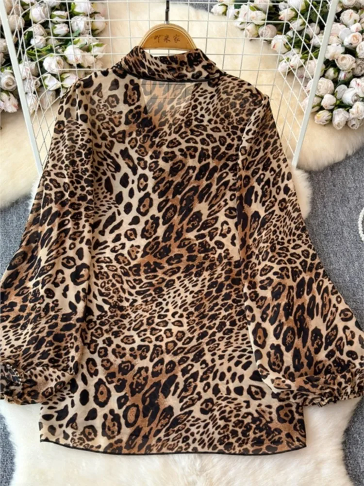 Элегантные женские леопардовые рубашки с длинными рукавами повседневная одежда