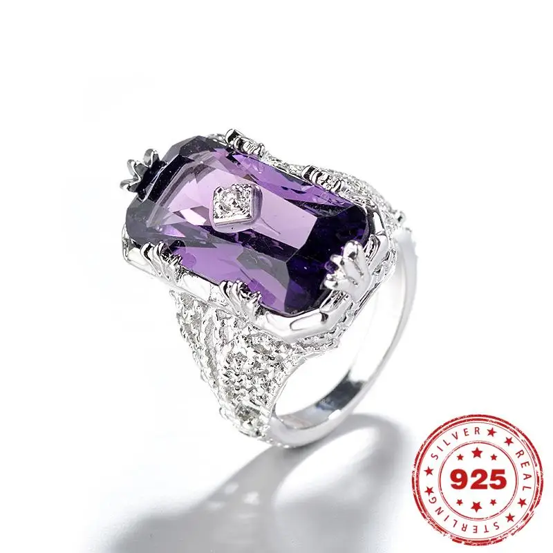 

925 Silver Color Rectangle 1.1ct Purple Sapphire Solitaire Obsidian Ring Jade Bizuteria Fine Gemstone diamond Jewelry Women