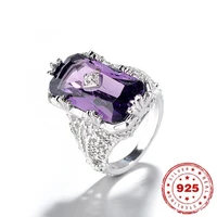 925 silver color rectangle 1 1ct purple sapphire solitaire obsidian ring jade bizuteria fine gemstone diamond jewelry women