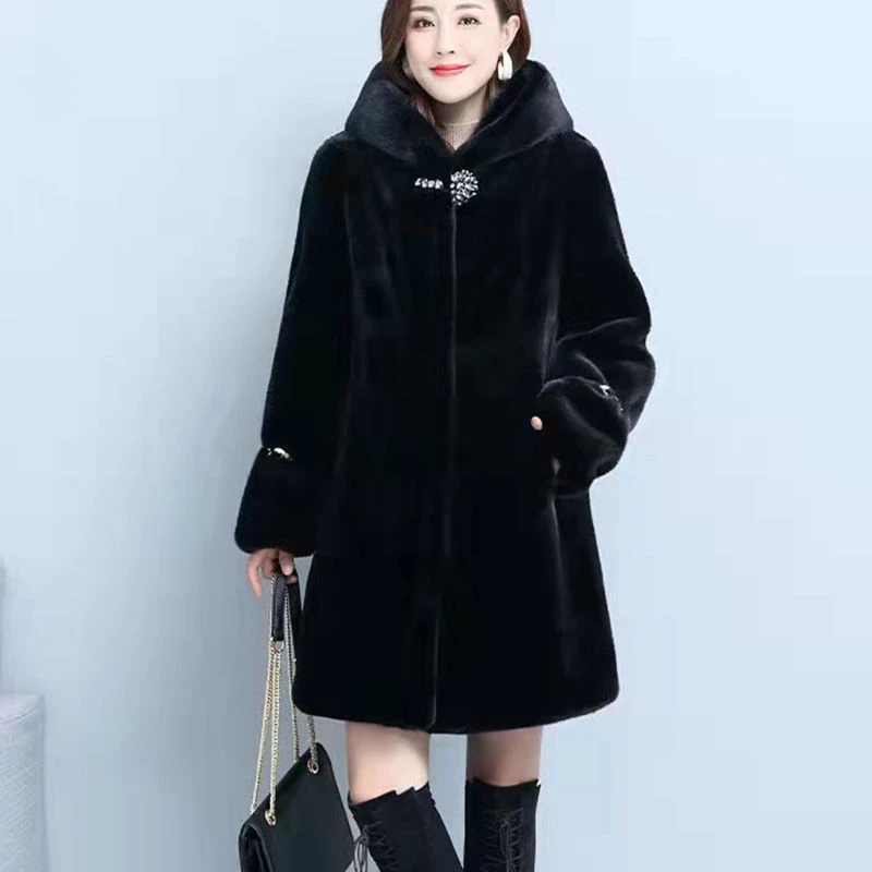 Women's Winter Faux Fur Jacket Thick Thermal Black Fur Coat Mid-length Hooded Fur Jacket Large Crystal Button Embellishment