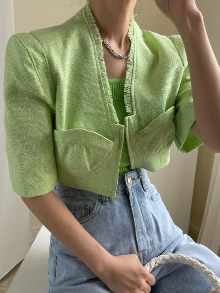 

Summer Women Zipper Short Coat Vintage Small Fragrance Puff Sleeve Crop Top Fashion Tassel Casual Jacket Outwear Chaqueta Mujer