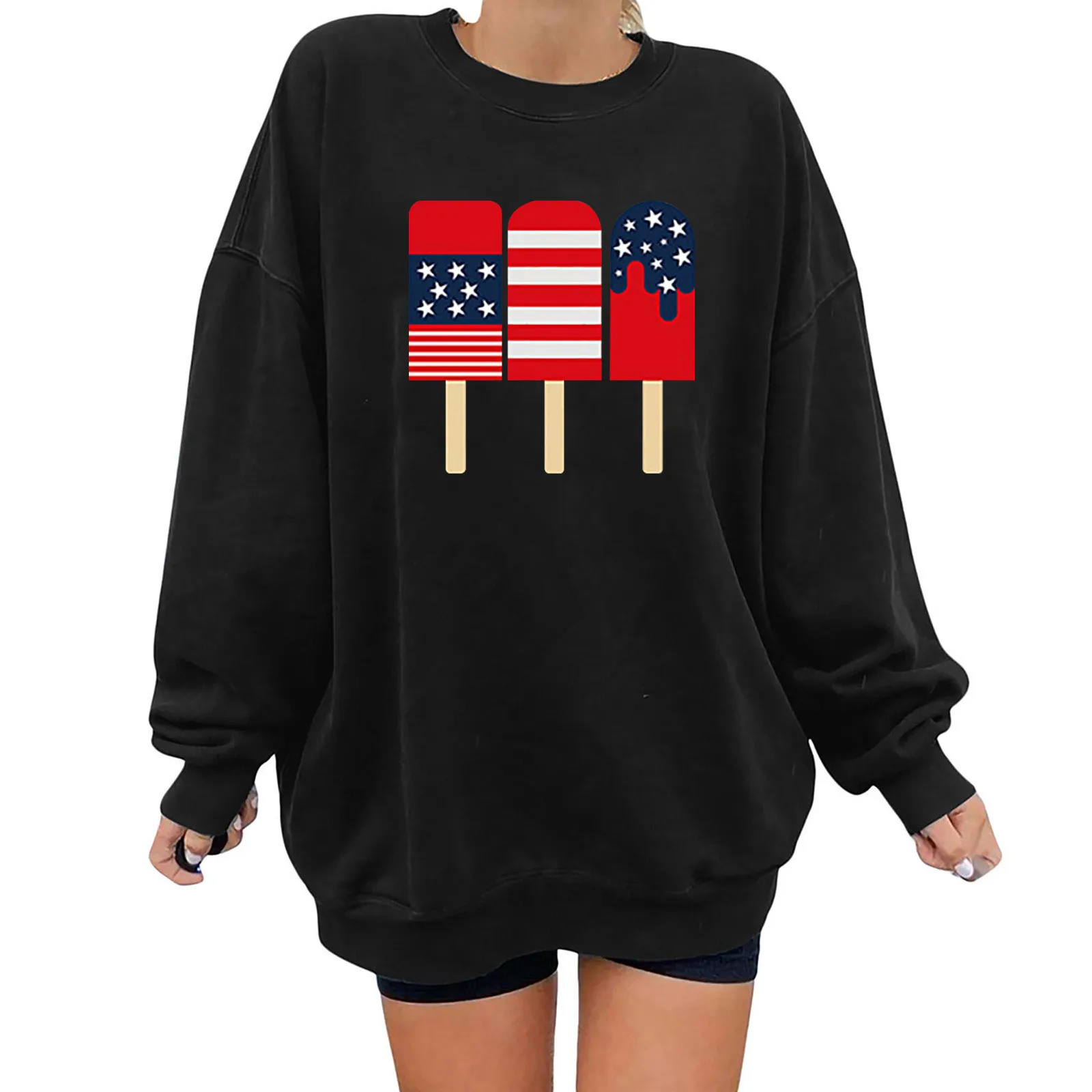 

Ladies Warm Hoodies Sweatshirt For Women Hoodies American Flag Print O Neck Long Sleeve Pullover Tops Trendy Casual Medium Long