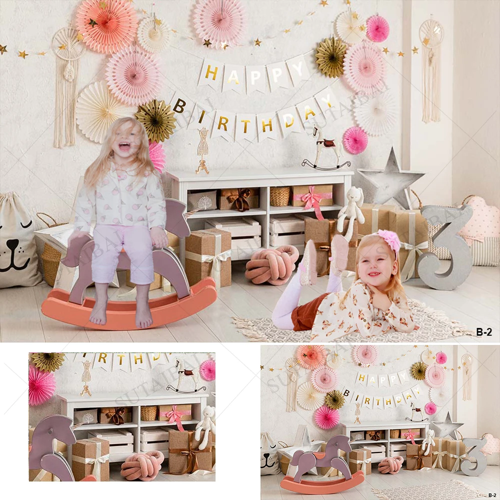 

Happy Birthday Trojan Horse Photography Backdrops 1st Baby Shower Silver Pink Fiower Banners Background Newborn Studio Photocall