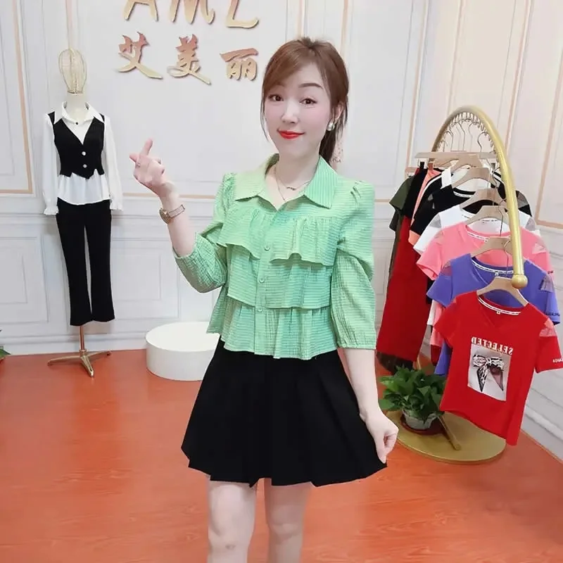 Женская рубашка с рукавом три четверти весна-лето 2024 новый стиль короткая