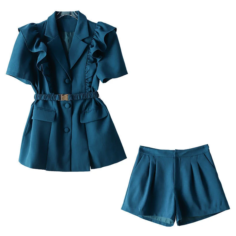 Two Pieces Set Women 2021 Summer Single Button Loose Ruffle Blazer Suits Solid Short Sleeve Shorts Office Ladies Suits Large