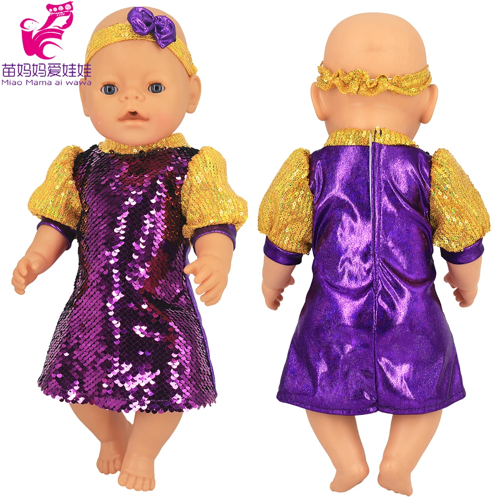 

Baby Doll Glitter Sequins Partry Dress 18 Inch Girl Doll Purple Formal Dress and Headwear Girl New Year Gift